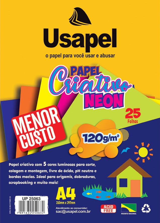 Usapel Papel Criativo Neon / 5 Cores A4 25fls - 120g/m� - UP25078