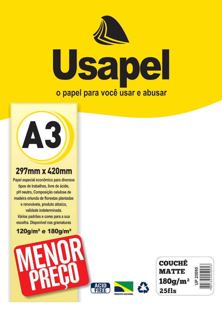 Usapel Couchê Matte /A3 180g/m²/ 25fls /Branco UP25095