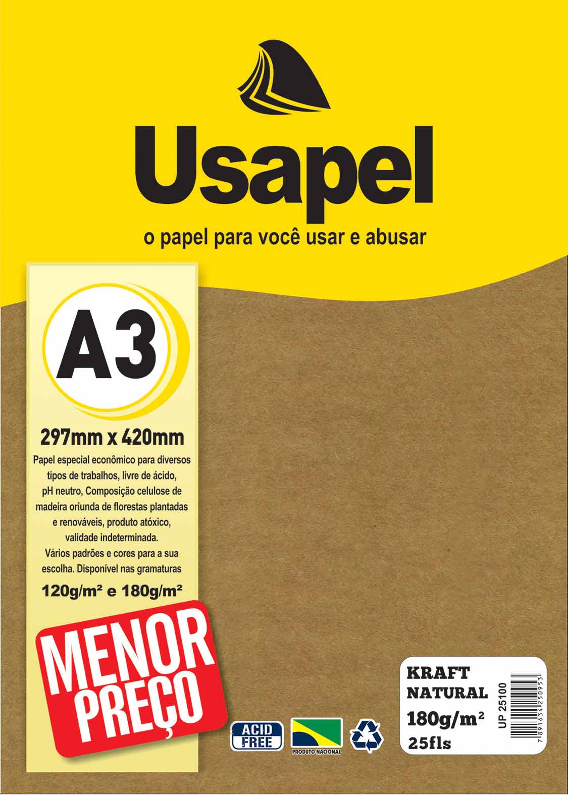 Usapel Kraft Natural /A3 180g/m²/ 25fls /Natural UP25100
